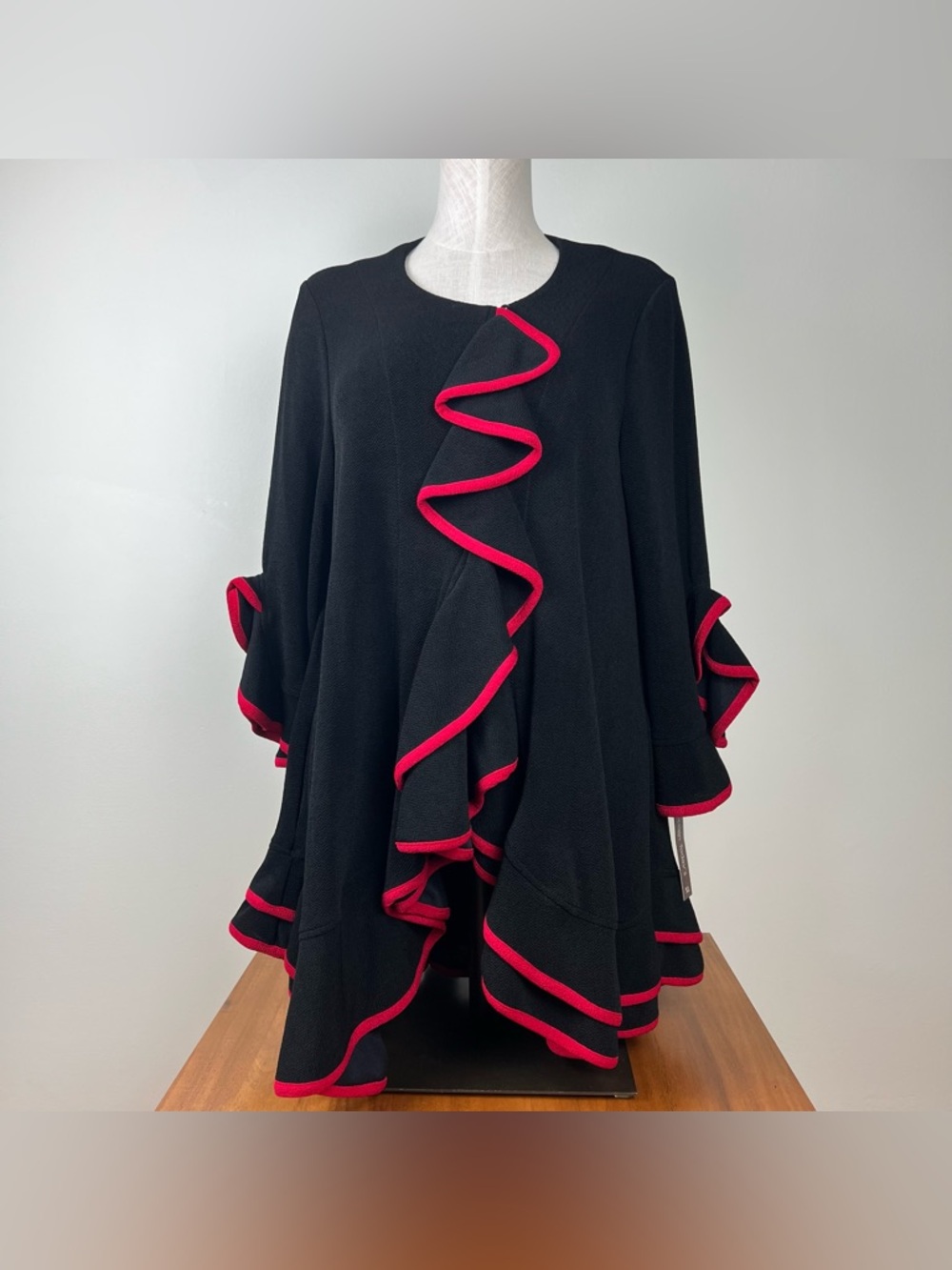 Design Today Ruffle A-Line Bell Sleeve Topper Jacket Black w/ Red Piping